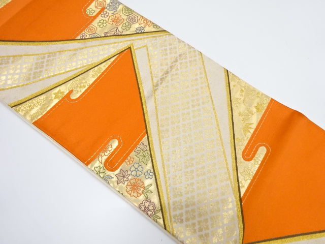 JAPANESE KIMONO / VINTAGE FUKURO OBI / SILK / WOVEN FLOWER & RHOMBUS